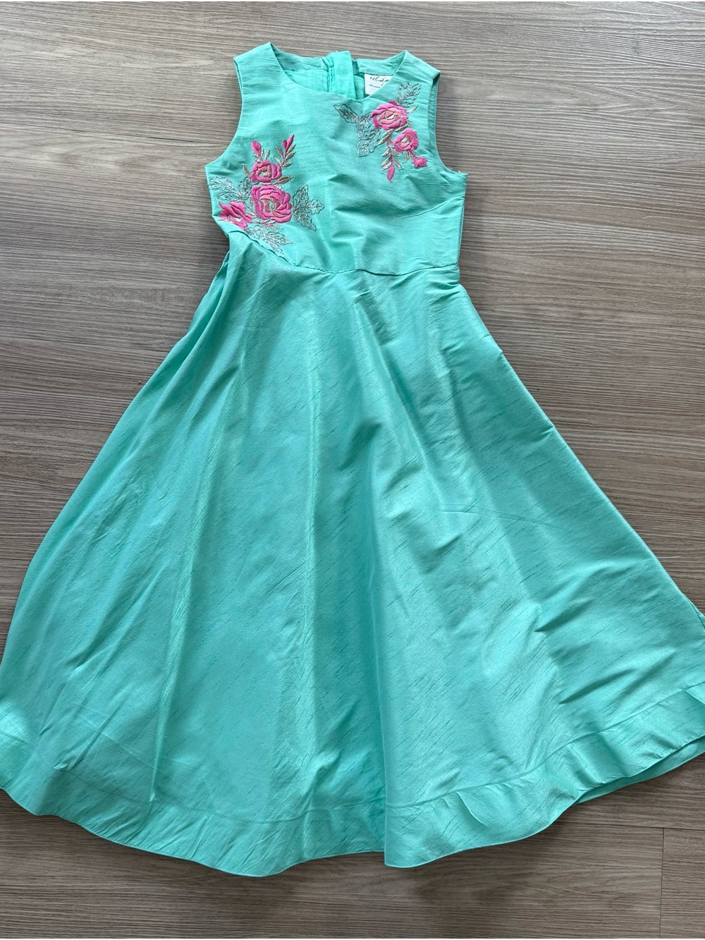 Girls' Aqua Floral Embroidered Fit & Flare Dress